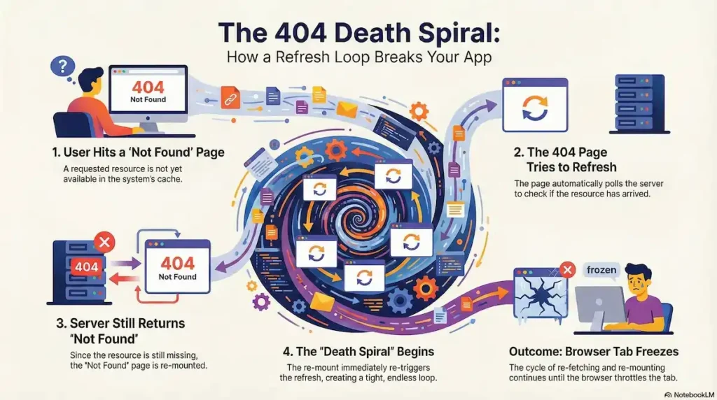 An educational infographic titled "The 404 Death Spiral: How a Refresh Loop Breaks Your App". The graphic uses a central spiral motif to illustrate a four-step technical failure: 1. User Hits a 'Not Found' Page: A requested resource is missing from the system's cache. 2. The 404 Page Tries to Refresh: The page automatically polls the server to check for the resource. 3. Server Still Returns 'Not Found': Because the resource is still missing, the 'Not Found' page re-mounts. 4. The 'Death Spiral' Begins: Re-mounting immediately triggers another refresh, creating an endless loop. Outcome: The browser tab freezes as the cycle continues until the browser throttles the tab.