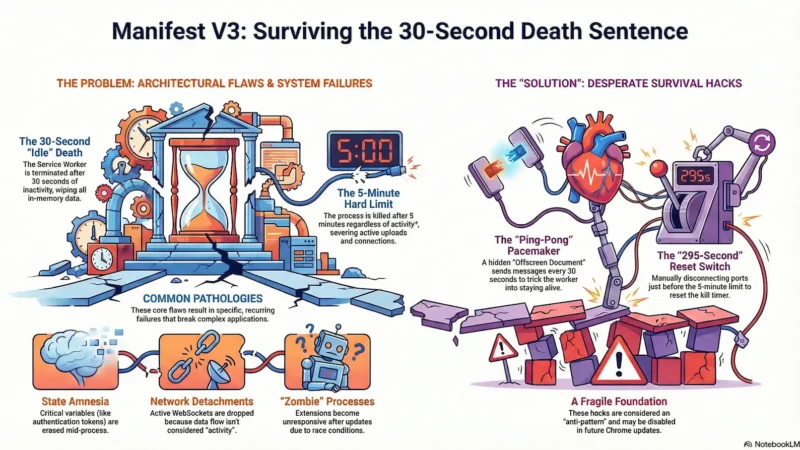 A detailed infographic titled "Manifest V3: Surviving the 30-Second Death Sentence." The left side, labeled "The Problem," uses a crumbling Greek temple and hourglass metaphor to illustrate architectural flaws: the 30-second "Idle" Death (wiping in-memory data) and the 5-minute Hard Limit (severing active connections). Bottom icons depict "Common Pathologies" like State Amnesia, Network Detachments, and "Zombie" Processes. The right side, "The Solution," shows a mechanical arm keeping a heart beating using a "Ping-Pong" Pacemaker (offscreen documents) and a "295-Second" Reset Switch (manual port disconnection). The graphic concludes that these hacks form a "Fragile Foundation" that may be disabled in future updates.