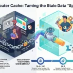 A detailed technical infographic titled "Next.js Router Cache: Taming the Stale Data 'Split-Brain'." The image is split into two halves. The left side, labeled "The Black Box Cache Era (v13.4 - 14.1)," features a dark cube with a character trapped behind chains, representing the "Split-Brain" condition where a browser shows old data despite the server being updated. It notes hardcoded 30-second timers for dynamic routes and 5-minute timers for static routes. The right side, labeled "Solution: Reclaiming Control (v14.2+)," shows a bright, transparent cube with a character turning a valve to control data flow, representing the "staleTimes" configuration. A timeline at the bottom tracks the evolution of Dynamic Cache Durations: 30s (Hardcoded) in v13.4, 30s (Configurable) in v14.2, and 0s (Default/Configurable) in v15.0+.