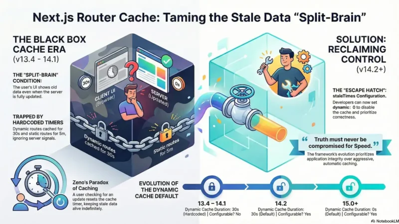 A detailed technical infographic titled "Next.js Router Cache: Taming the Stale Data 'Split-Brain'." The image is split into two halves. The left side, labeled "The Black Box Cache Era (v13.4 - 14.1)," features a dark cube with a character trapped behind chains, representing the "Split-Brain" condition where a browser shows old data despite the server being updated. It notes hardcoded 30-second timers for dynamic routes and 5-minute timers for static routes. The right side, labeled "Solution: Reclaiming Control (v14.2+)," shows a bright, transparent cube with a character turning a valve to control data flow, representing the "staleTimes" configuration. A timeline at the bottom tracks the evolution of Dynamic Cache Durations: 30s (Hardcoded) in v13.4, 30s (Configurable) in v14.2, and 0s (Default/Configurable) in v15.0+.
