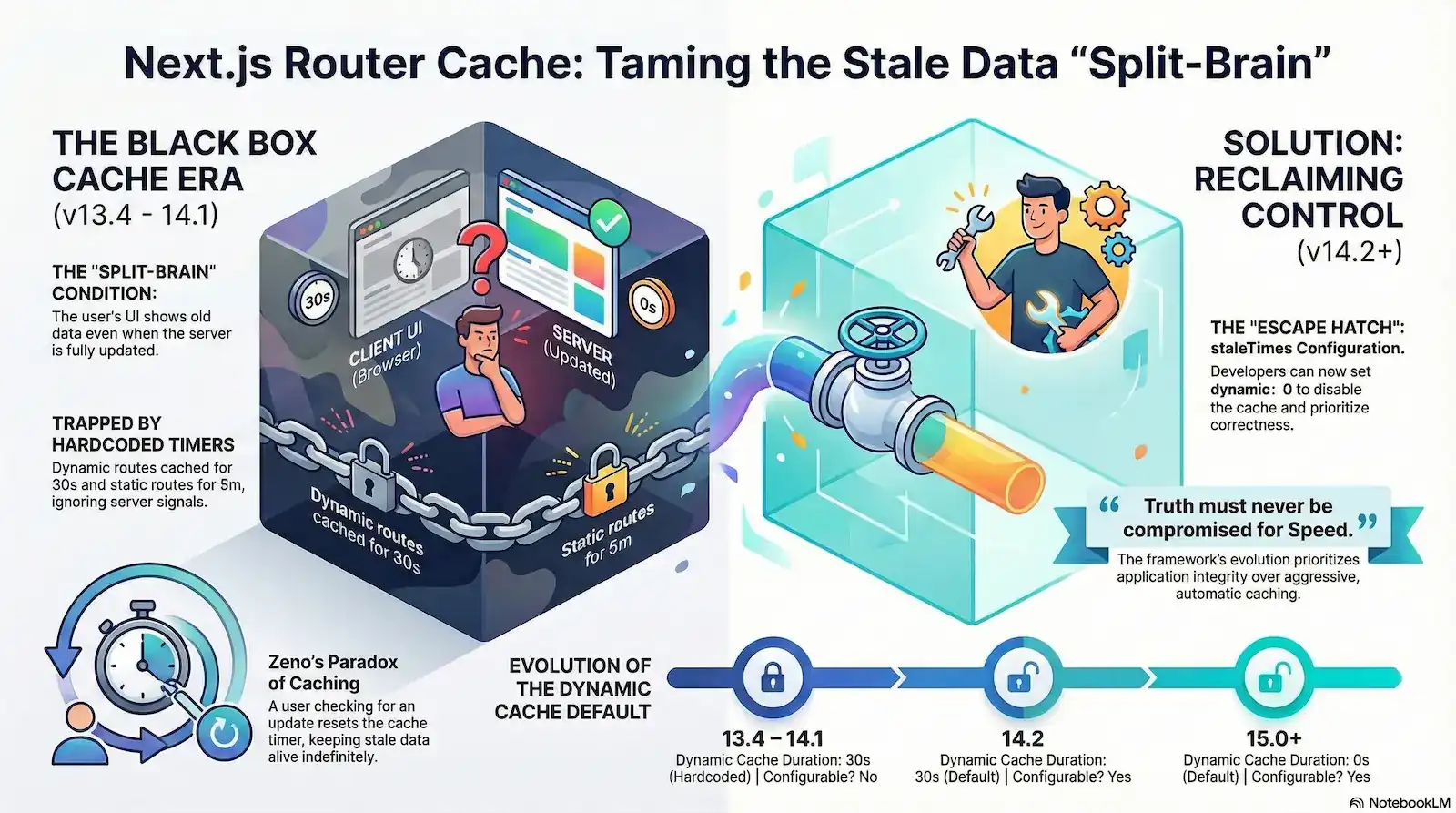A detailed technical infographic titled "Next.js Router Cache: Taming the Stale Data 'Split-Brain'." The image is split into two halves. The left side, labeled "The Black Box Cache Era (v13.4 - 14.1)," features a dark cube with a character trapped behind chains, representing the "Split-Brain" condition where a browser shows old data despite the server being updated. It notes hardcoded 30-second timers for dynamic routes and 5-minute timers for static routes. The right side, labeled "Solution: Reclaiming Control (v14.2+)," shows a bright, transparent cube with a character turning a valve to control data flow, representing the "staleTimes" configuration. A timeline at the bottom tracks the evolution of Dynamic Cache Durations: 30s (Hardcoded) in v13.4, 30s (Configurable) in v14.2, and 0s (Default/Configurable) in v15.0+.