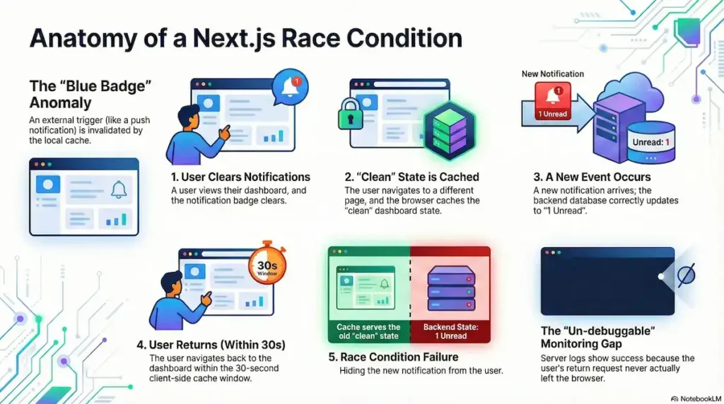 An infographic titled "Anatomy of a Next.js Race Condition" detailing the "Blue Badge Anomaly." The process is shown in six numbered steps: 1. User Clears Notifications: A user clears their dashboard notification badge. 2. "Clean" State is Cached: The browser saves this empty state as the user navigates away. 3. A New Event Occurs: A new notification arrives in the backend database (Unread: 1). 4. User Returns (Within 30s): The user returns to the dashboard within the 30-second client-side cache window. 5. Race Condition Failure: A split screen compares the Cache (serving the old "clean" state) against the Backend State (which has 1 unread notification), showing the user sees no update. 6. The "Un-debuggable" Monitoring Gap: A dark screen notes that server logs show success because the return request never reached the server, it was intercepted by the browser cache.