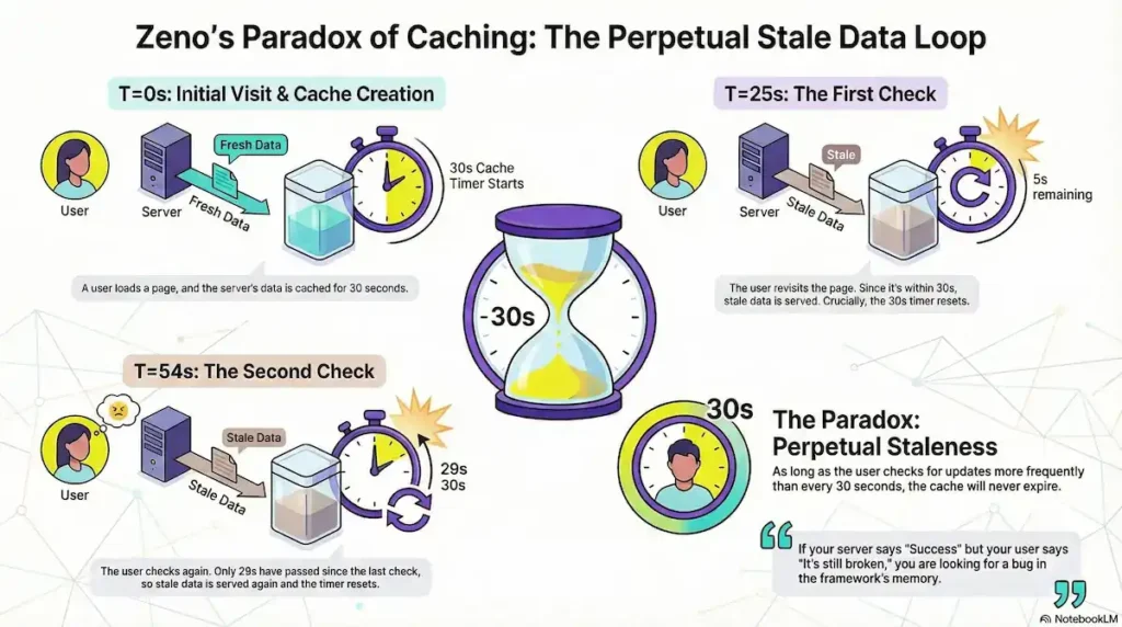 A technical infographic titled "Zeno’s Paradox of Caching: The Perpetual Stale Data Loop" that uses four steps to explain a caching bug. • T=0s (Initial Visit): A user receives "Fresh Data" from a server, which is stored in a 30-second cache. • T=25s (The First Check): The user revisits the page. Because it is within the 30-second window, they receive "Stale Data," but the infographic highlights that the 30-second timer resets. • T=54s (The Second Check): 29 seconds after the last check, the user visits again. They receive stale data once more, and the timer resets a second time. • The Paradox: A concluding section titled "Perpetual Staleness" explains that if a user checks for updates more frequently than the cache duration (30 seconds), the cache will never expire. A quote at the bottom reads: "If your server says 'Success' but your user says 'It's still broken,' you are looking for a bug in the framework's memory."