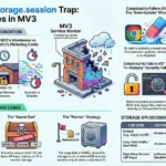 An educational infographic titled "The chrome.storage.session Trap: 4 Failure Modes in MV3." The graphic highlights risks including data wipes during auto-updates, a silent 10MB quota limit, security vulnerabilities where data is stored as plaintext, and wake-up race conditions. It provides a "Solution" section featuring the "5-Minute Rule" (only store short-term data), a "Secret Ban" (no API keys or PII), and a "Pointer Strategy" for large data. A final table recommends using chrome.storage.session only for UI state, chrome.storage.local for user work, and In-Memory Variables for high-value secrets.