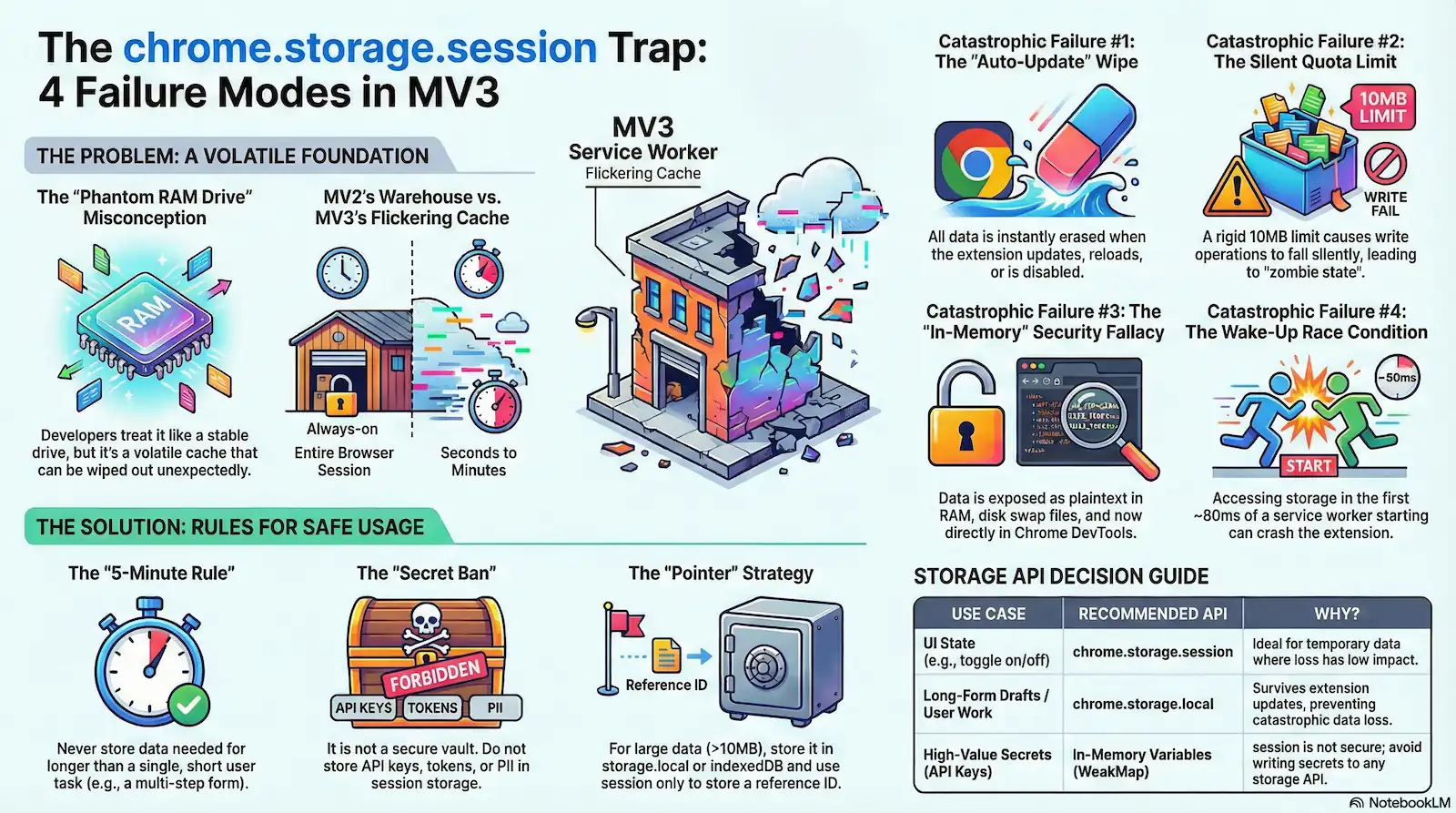 An educational infographic titled "The chrome.storage.session Trap: 4 Failure Modes in MV3." The graphic highlights risks including data wipes during auto-updates, a silent 10MB quota limit, security vulnerabilities where data is stored as plaintext, and wake-up race conditions. It provides a "Solution" section featuring the "5-Minute Rule" (only store short-term data), a "Secret Ban" (no API keys or PII), and a "Pointer Strategy" for large data. A final table recommends using chrome.storage.session only for UI state, chrome.storage.local for user work, and In-Memory Variables for high-value secrets.