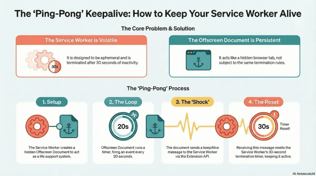 'The Ping-Pong Keepalive: How to Keep Your Service Worker Alive.' It explains that Service Workers are volatile and terminate after 30 seconds of inactivity, while Offscreen Documents are persistent. The 'Ping-Pong' process is shown in four steps: 1) Setup: Service Worker creates an Offscreen Document; 2) The Loop: The document runs a 20-second timer; 3) The Shock: The document sends a keepalive message via the Extension API; 4) The Reset: The message resets the Service Worker's 30-second timer to keep it active.