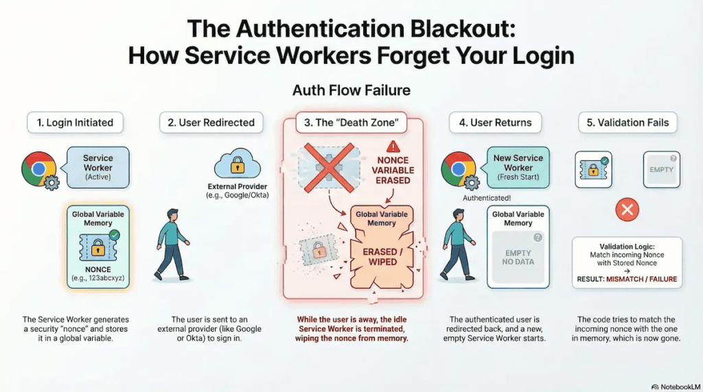 An infographic titled "The Authentication Blackout: How Service Workers Forget Your Login," illustrating a five-step authentication failure process caused by service worker termination. Step 1: An active Service Worker generates a security "nonce" and stores it in global variable memory. Step 2: The user is redirected to an external provider (like Google or Okta) to sign in. Step 3 (The "Death Zone"): While the user is away, the idle Service Worker is terminated, erasing the nonce from memory. Step 4: The authenticated user returns; a new, empty Service Worker starts with no stored data. Step 5: Validation fails because the incoming nonce cannot be matched against the erased memory, resulting in a login failure.