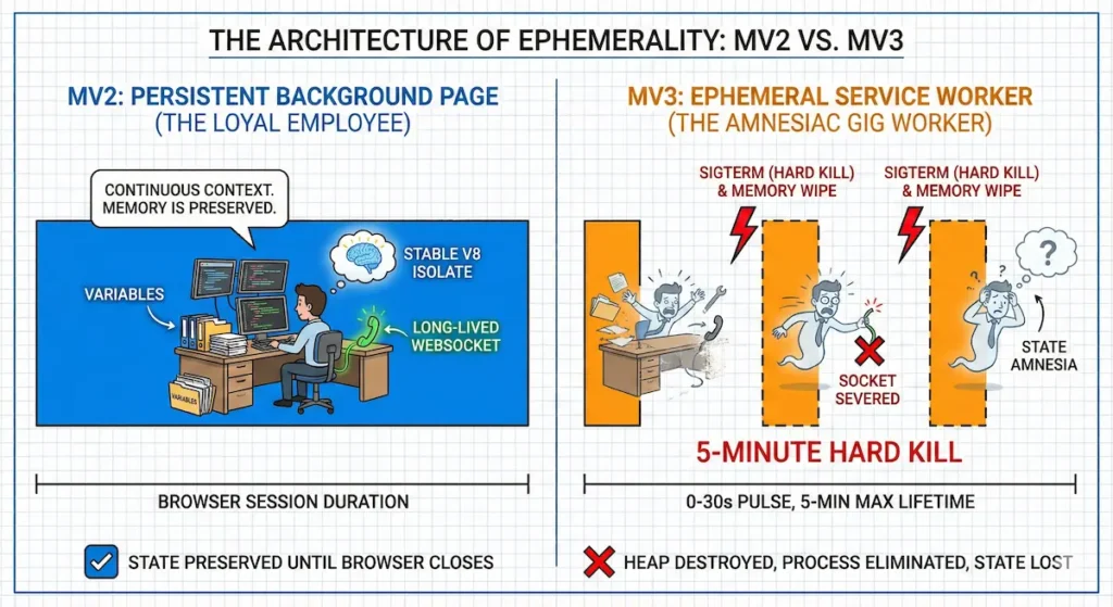 A technical infographic comparing Chrome Extension architectures. The left side, labeled 'Manifest V2', shows a solid, continuous blue bar representing a persistent background page that lasts for the entire browser session. The right side, labeled 'Manifest V3', shows a fragmented timeline of short, orange pulses, each lasting only 30 seconds. Harsh red vertical lines labeled 'SIGTERM' separate these pulses, illustrating the frequent 'Hard Kills' and memory wipes that occur in the new Service Worker model.