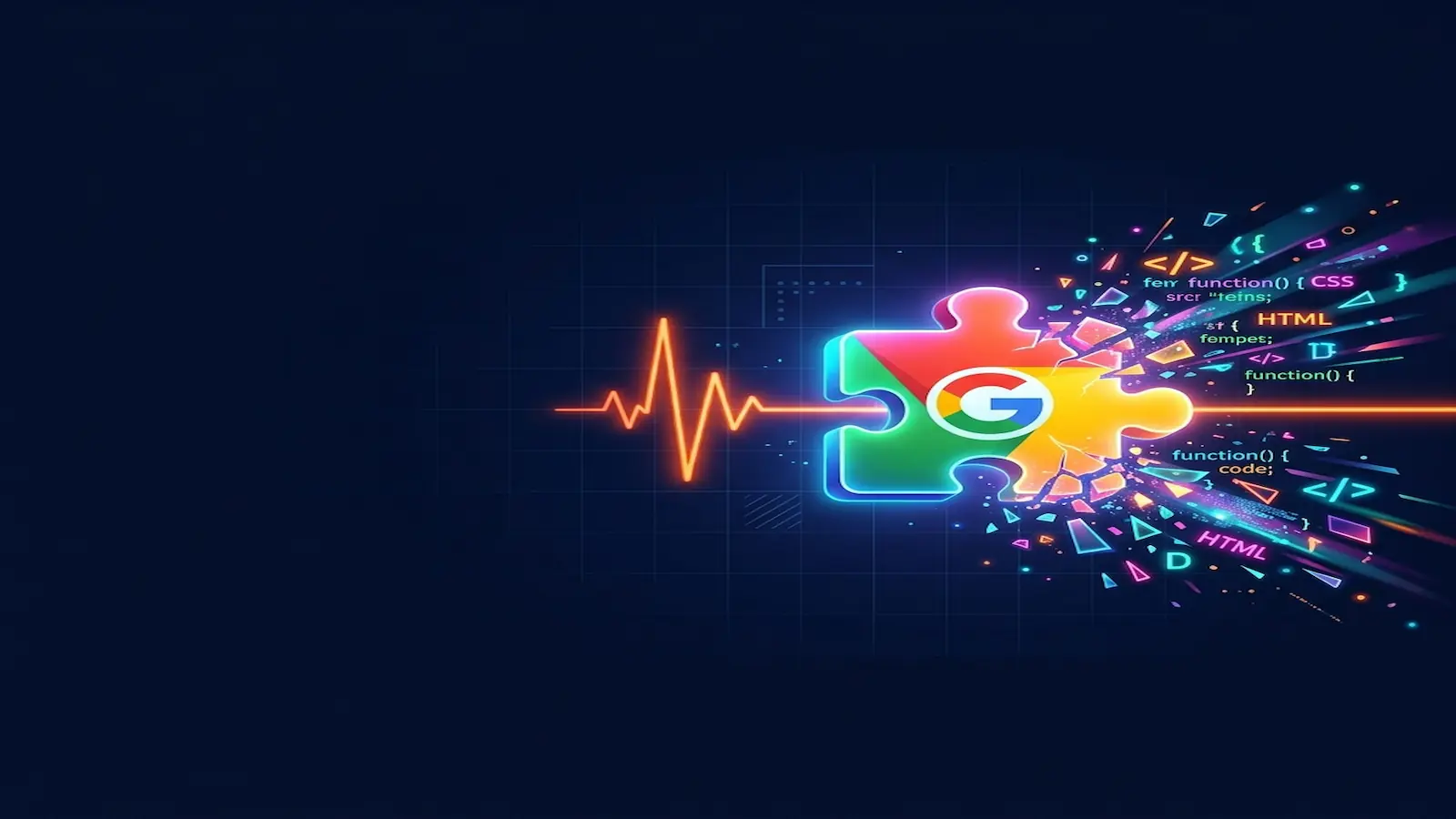 An abstract digital illustration featuring a glowing puzzle piece adorned with the Google "G" logo, positioned over a dark blue grid background. An orange pulse or heartbeat line pierces through the puzzle piece from the left, causing its right side to shatter into a chaotic explosion of neon-colored shards, code snippets, brackets, and fragments of "HTML" and "CSS" tags.