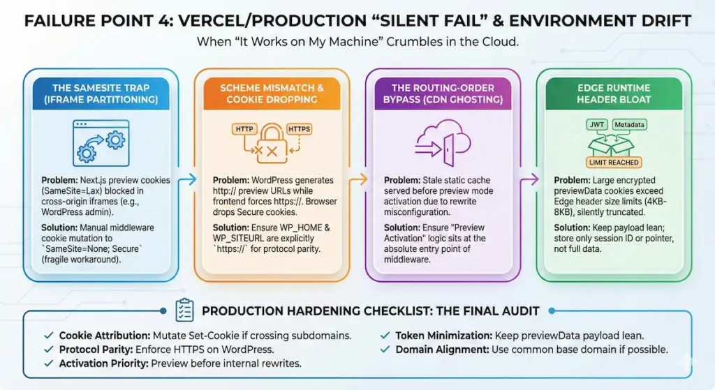 A clean, modern infographic titled "Failure Point 4: Vercel/Production 'Silent Fail' & Environment Drift." The graphic is divided into four colored cards representing common production bottlenecks: The SameSite Trap: Explains how SameSite=Lax cookies are blocked in cross-origin iframes (like WordPress) and suggests a middleware workaround for SameSite=None; Secure. Scheme Mismatch: Shows a lock icon with HTTP/HTTPS conflict, explaining that browsers drop Secure cookies if the preview URL protocol doesn't match the frontend. Routing-Order Bypass: Illustrates a cloud and arrow icon, warning that stale static caches may be served if preview activation doesn't happen at the absolute entry point of middleware. Edge Runtime Header Bloat: Features an icon of a box overflowing with JWT and Metadata, noting that cookies exceeding 4KB-8KB are silently truncated by edge networks. Bottom Section: A "Production Hardening Checklist" summarizes key fixes: Cookie Attribution, Protocol Parity, Activation Priority, Token Minimization, and Domain Alignment.