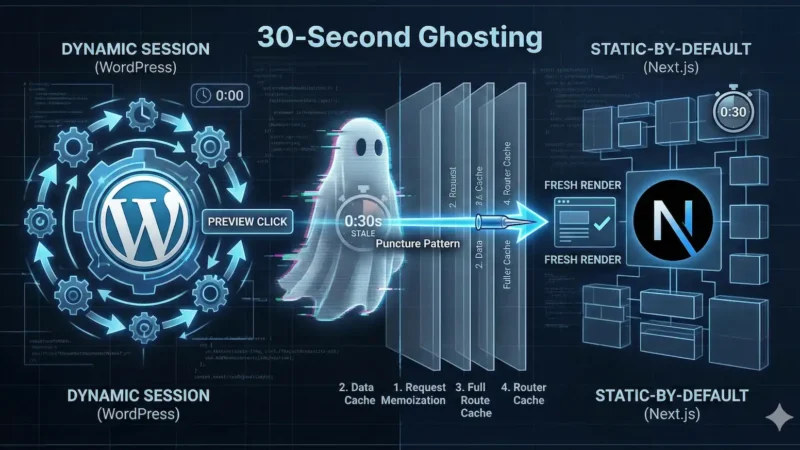 A technical conceptual diagram titled "30-Second Ghosting" showing the architectural conflict between WordPress and Next.js. On the left, a blue WordPress gear represents "Dynamic Session." In the center, a digital ghost icon with a 30-second timer represents stale cache. A glowing needle labeled "Puncture Pattern" pierces through four glass layers (Memoization, Data Cache, Full Route Cache, and Router Cache) to deliver a fresh render to a dark-themed Next.js interface on the right.