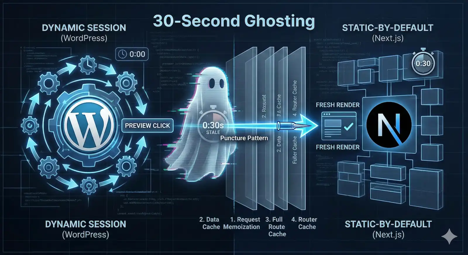 A technical conceptual diagram titled "30-Second Ghosting" showing the architectural conflict between WordPress and Next.js. On the left, a blue WordPress gear represents "Dynamic Session." In the center, a digital ghost icon with a 30-second timer represents stale cache. A glowing needle labeled "Puncture Pattern" pierces through four glass layers (Memoization, Data Cache, Full Route Cache, and Router Cache) to deliver a fresh render to a dark-themed Next.js interface on the right.