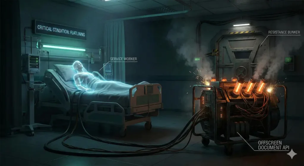 A cinematic 3D render of a terminal medical ward in a dark, high-tech bunker. A central life-support pod, representing the Service Worker, is flatlining with a faint red pulse. Connected to it by heavy, makeshift glowing orange cables is a massive, rattling external generator—the Offscreen Document—keeping the system alive through sheer mechanical force.
