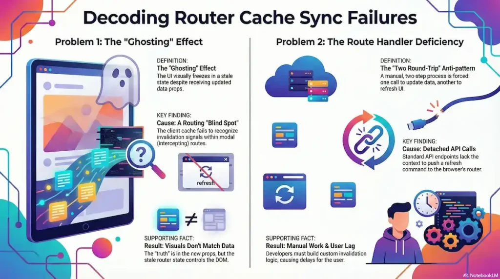 An educational infographic titled "Decoding Router Cache Sync Failures." It is divided into two sections: Problem 1: The "Ghosting" Effect. It describes a "Routing Blind Spot" where a UI visually freezes in a stale state because the client cache fails to recognize invalidation signals within modal or intercepting routes, causing visuals to mismatch the actual data. Problem 2: The Route Handler Deficiency. It details the "Two Round-Trip Anti-pattern" caused by detached API calls. Because standard API endpoints lack the context to push refresh commands to the browser's router, developers are forced to build manual invalidation logic, resulting in user lag and extra manual work.