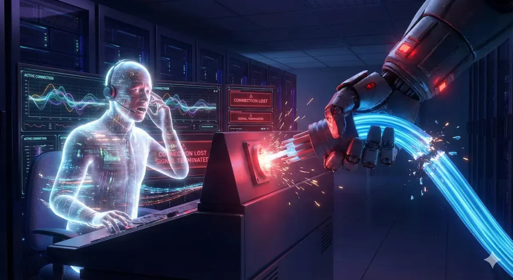 A dark, cinematic 3D macro shot of a vintage switchboard operator's station. A thick, glowing data cable is shown mid-sever, sliced by a heavy, metallic guillotine blade labeled with a glowing red "30s" LED. Sparks fly from the cut wires as a ghostly, holographic phone handset hangs uselessly in the air. The background is a cavernous, shadowy server room.