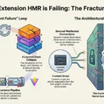 An infographic describing browser extension development challenges. The left side illustrates the "Silent Failure Loop," showing how Vite, React, and Tailwind v4 can desynchronize, leading to "Ghost HMR" where tools report success but the UI remains stale. The right side depicts "The Architectural Chasm," featuring a "Content Script" separated from a "Host Page" by a thick brick wall labeled "The Isolated World Barrier." It shows severed WebSocket connections and a CSP shield blocking CSS injection attempts from Vite.