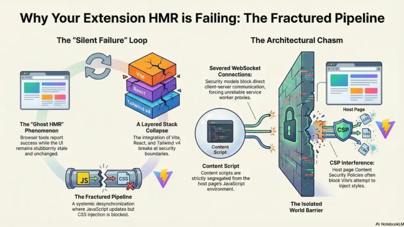 An infographic describing browser extension development challenges. The left side illustrates the "Silent Failure Loop," showing how Vite, React, and Tailwind v4 can desynchronize, leading to "Ghost HMR" where tools report success but the UI remains stale. The right side depicts "The Architectural Chasm," featuring a "Content Script" separated from a "Host Page" by a thick brick wall labeled "The Isolated World Barrier." It shows severed WebSocket connections and a CSP shield blocking CSS injection attempts from Vite.