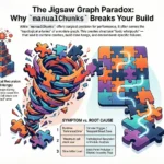 A technical infographic titled "The Jigsaw Graph Paradox: Why manualChunks Breaks Your Build." The graphic illustrates software bundling failure modes like Circular Trigger Deadlocks, Pathological Recursion (Build Hangs), and Entry Point Pollution. It features a colorful jigsaw puzzle tornado symbolizing module chaos, a table comparing symptoms to root causes, and a "Diagnostic & Stabilization" section suggesting tools like Rollup Plugin Visualizer and path normalization.