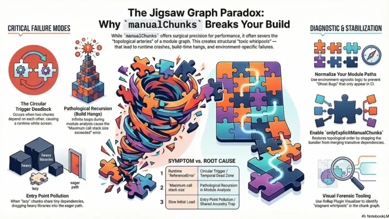 A technical infographic titled "The Jigsaw Graph Paradox: Why manualChunks Breaks Your Build." The graphic illustrates software bundling failure modes like Circular Trigger Deadlocks, Pathological Recursion (Build Hangs), and Entry Point Pollution. It features a colorful jigsaw puzzle tornado symbolizing module chaos, a table comparing symptoms to root causes, and a "Diagnostic & Stabilization" section suggesting tools like Rollup Plugin Visualizer and path normalization.