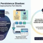An infographic titled "WordPress's Persistence Shadow" explaining why code deployments fail silently. It illustrates a conflict between the Git filesystem and the Site Editor database. It shows that database changes hold primary authority, overriding filesystem templates. The proposed solution involves "Restoring Code as Law" by adopting a reconciliation loop, locking down the UI in production, and using a "Nuclear Option" WP-CLI command to purge database template overrides.