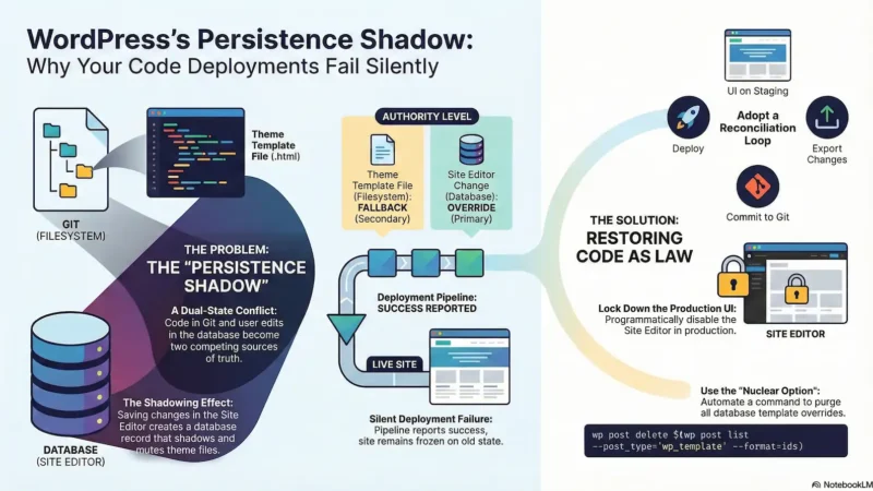 An infographic titled "WordPress's Persistence Shadow" explaining why code deployments fail silently. It illustrates a conflict between the Git filesystem and the Site Editor database. It shows that database changes hold primary authority, overriding filesystem templates. The proposed solution involves "Restoring Code as Law" by adopting a reconciliation loop, locking down the UI in production, and using a "Nuclear Option" WP-CLI command to purge database template overrides.