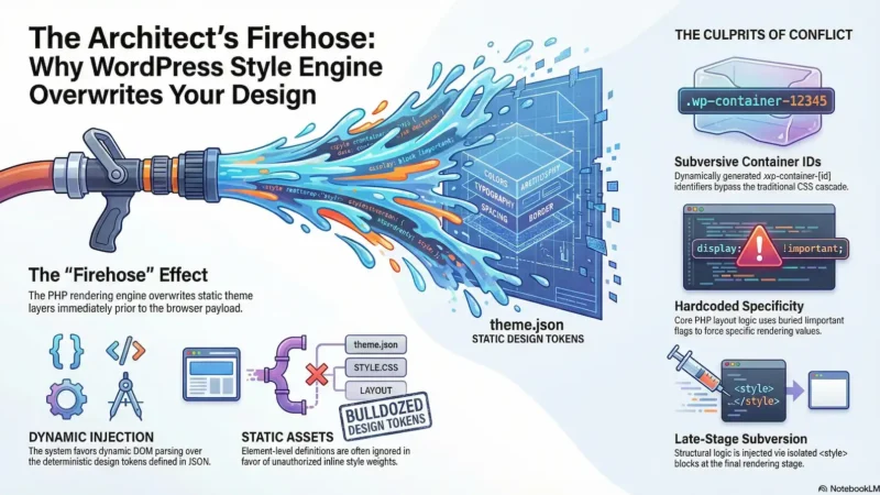 Infographic titled "The Architect's Firehose: Why WordPress Style Engine Overwrites Your Design." A central illustration shows a firehose spraying dynamic code onto a "theme.json" blueprint. Sections detail the "Firehose Effect" where PHP rendering overwrites static layers, "Bulldozed Design Tokens" where static assets are ignored, and "Culprits of Conflict" such as dynamic container IDs, hardcoded !important flags, and late-stage block subversion.