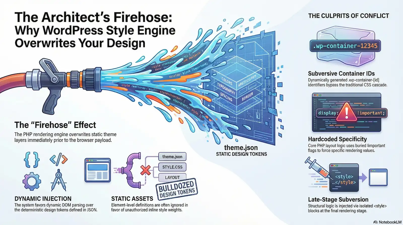 Infographic titled "The Architect's Firehose: Why WordPress Style Engine Overwrites Your Design." A central illustration shows a firehose spraying dynamic code onto a "theme.json" blueprint. Sections detail the "Firehose Effect" where PHP rendering overwrites static layers, "Bulldozed Design Tokens" where static assets are ignored, and "Culprits of Conflict" such as dynamic container IDs, hardcoded !important flags, and late-stage block subversion.