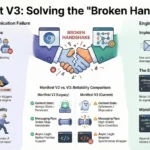 A technical infographic titled "Manifest V3: Solving the 'Broken Handshake'." It compares Manifest V2's persistent background pages with V3's ephemeral service workers. The graphic highlights three main failure points: the 1000ms cold start race, the "Async Listener Trap" where promises cause port closure, and the 15-second termination reality. It provides engineering solutions such as implementing "Fire and Notify" with unique IDs, using a synchronous return true wrapper for persistence, and adding mandatory .catch() blocks to handle Chromium's internal error alerts.
