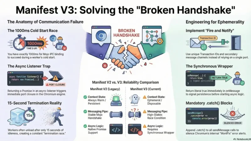 A technical infographic titled "Manifest V3: Solving the 'Broken Handshake'." It compares Manifest V2's persistent background pages with V3's ephemeral service workers. The graphic highlights three main failure points: the 1000ms cold start race, the "Async Listener Trap" where promises cause port closure, and the 15-second termination reality. It provides engineering solutions such as implementing "Fire and Notify" with unique IDs, using a synchronous return true wrapper for persistence, and adding mandatory .catch() blocks to handle Chromium's internal error alerts.