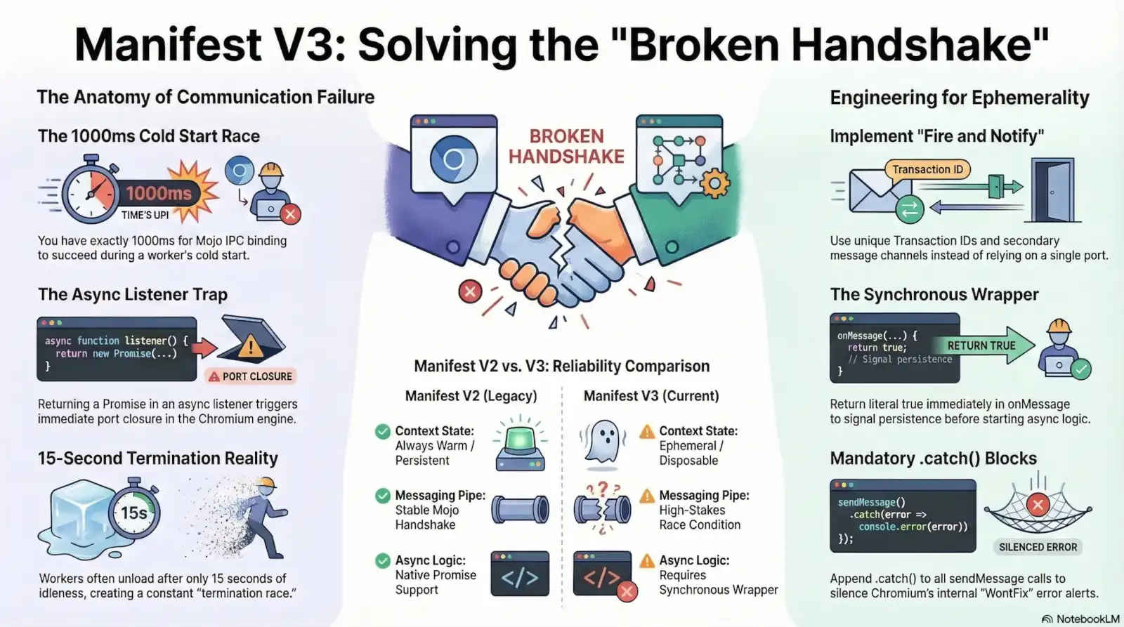 A technical infographic titled "Manifest V3: Solving the 'Broken Handshake'." It compares Manifest V2's persistent background pages with V3's ephemeral service workers. The graphic highlights three main failure points: the 1000ms cold start race, the "Async Listener Trap" where promises cause port closure, and the 15-second termination reality. It provides engineering solutions such as implementing "Fire and Notify" with unique IDs, using a synchronous return true wrapper for persistence, and adding mandatory .catch() blocks to handle Chromium's internal error alerts.