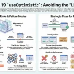 A comprehensive infographic titled "React 19 useOptimistic: Avoiding the Liar UI." The left side illustrates failure modes like "The Flicker Window" and "Hostage States" caused by network latency. The right side outlines strategic fixes, including "The Direct Return Pattern" to bypass RSC streaming delays and "Transactional Isolation" to prevent UI state synchronization errors.