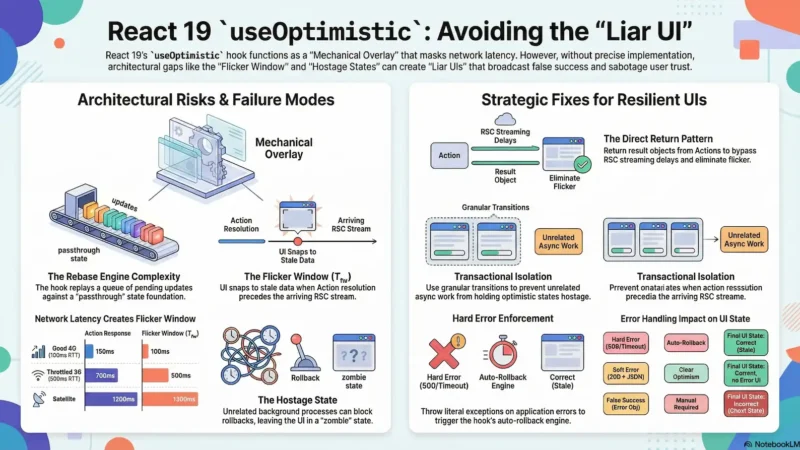 A comprehensive infographic titled "React 19 useOptimistic: Avoiding the Liar UI." The left side illustrates failure modes like "The Flicker Window" and "Hostage States" caused by network latency. The right side outlines strategic fixes, including "The Direct Return Pattern" to bypass RSC streaming delays and "Transactional Isolation" to prevent UI state synchronization errors.