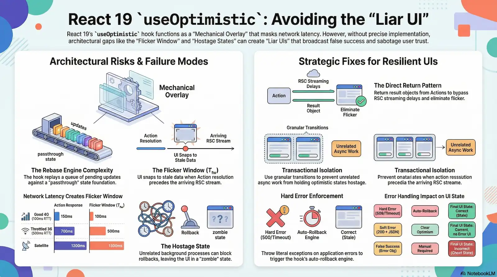 A comprehensive infographic titled "React 19 useOptimistic: Avoiding the Liar UI." The left side illustrates failure modes like "The Flicker Window" and "Hostage States" caused by network latency. The right side outlines strategic fixes, including "The Direct Return Pattern" to bypass RSC streaming delays and "Transactional Isolation" to prevent UI state synchronization errors.