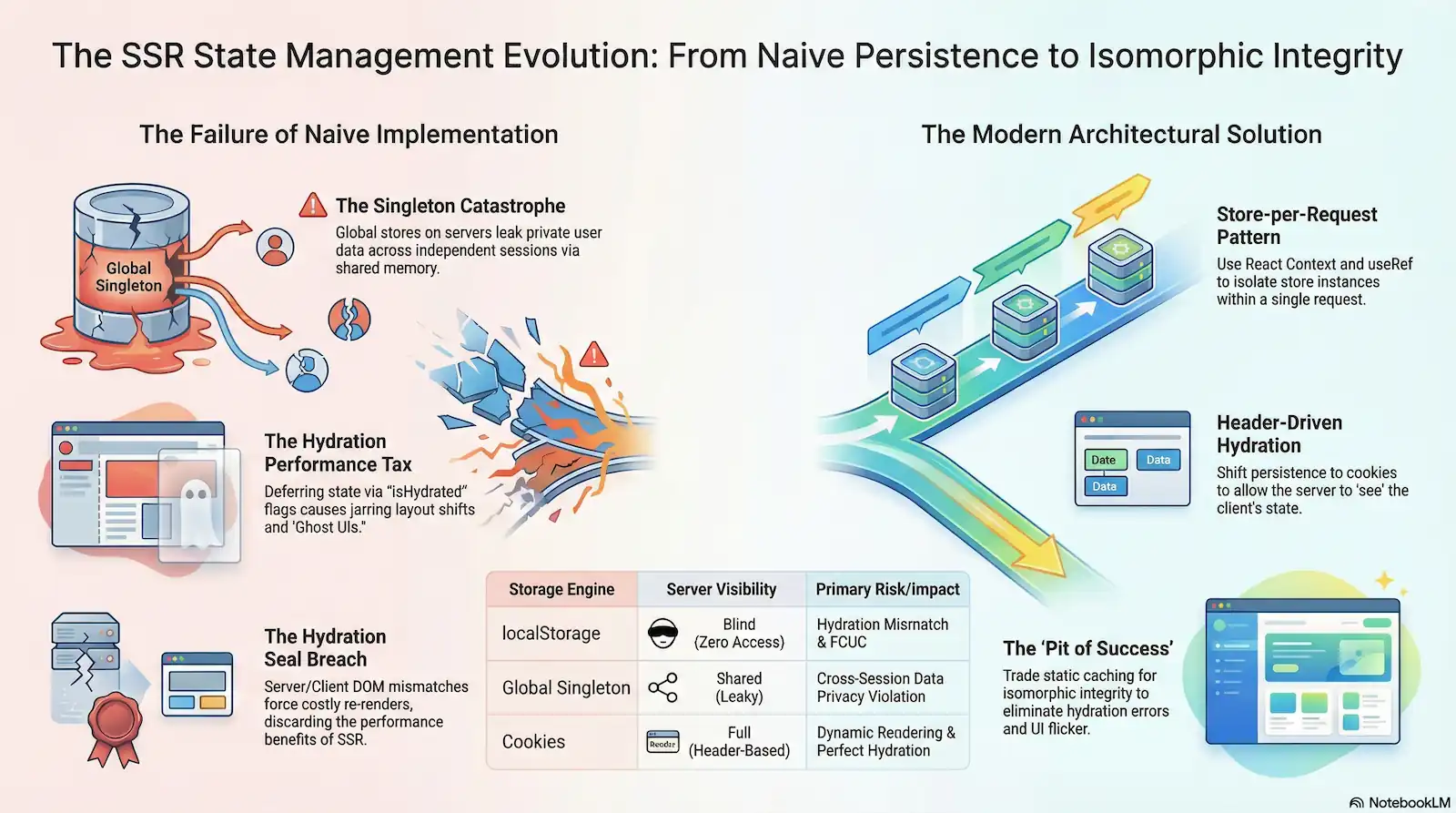 A detailed infographic titled "The SSR State Management Evolution." On the left, it illustrates "The Failure of Naive Implementation," highlighting risks like "The Singleton Catastrophe" (data leaks), "The Hydration Performance Tax" (UI flicker), and "The Hydration Seal Breach" (DOM mismatches). On the right, it presents "The Modern Architectural Solution," featuring the "Store-per-Request Pattern" and "Header-Driven Hydration." A central table compares Storage Engines—localStorage, Global Singleton, and Cookies—evaluating their server visibility and primary risks to explain the transition toward isomorphic integrity.