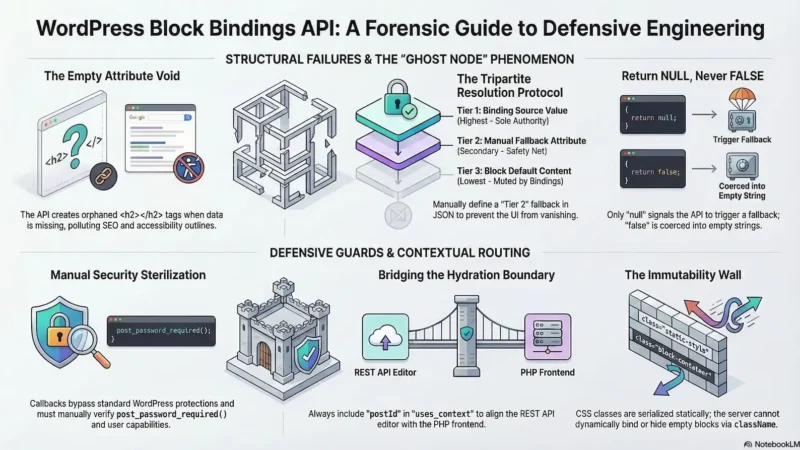 A technical infographic titled "WordPress Block Bindings API: A Forensic Guide to Defensive Engineering." It features six sections with diagrams and icons: The Empty Attribute Void: Discusses orphaned tags like polluting SEO. The Tripartite Resolution Protocol: A three-tier hierarchy for data resolution (Source, Manual Fallback, and Default Content). Return NULL, Never FALSE: Code snippet explaining how null triggers fallbacks while false coerces to an empty string. Manual Security Sterilization: A shield icon emphasizing the need to manually verify user capabilities and password requirements in callbacks. Bridging the Hydration Boundary: A bridge icon illustrating the alignment of the REST API Editor and PHP Frontend using uses_context. The Immutability Wall: A brick wall showing that CSS classes are serialized statically and cannot be dynamically bound.