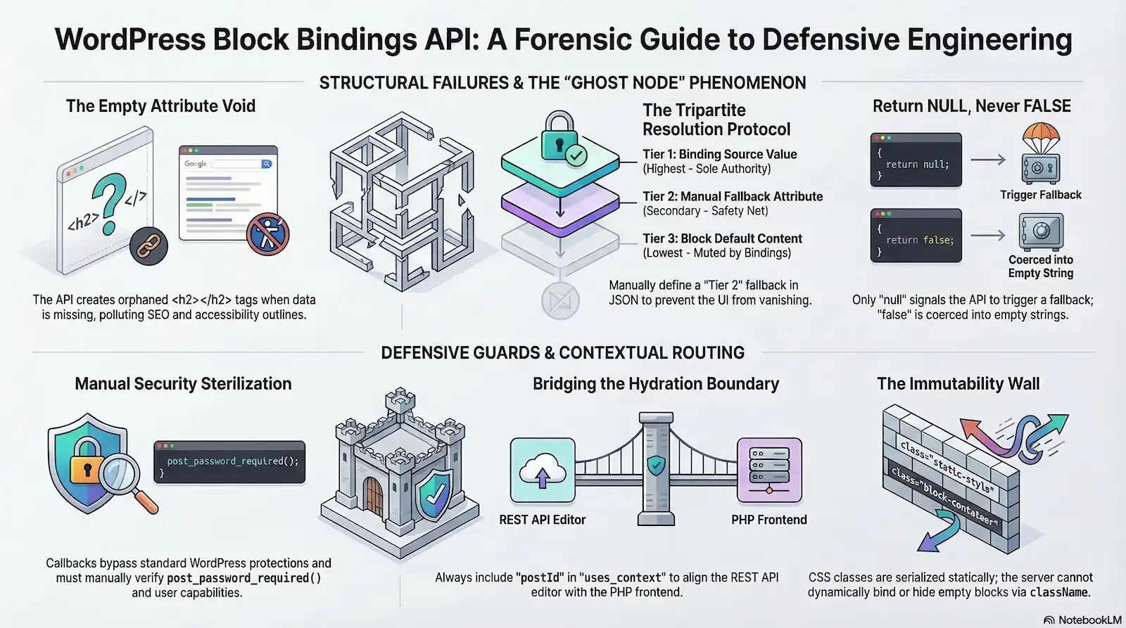 A technical infographic titled "WordPress Block Bindings API: A Forensic Guide to Defensive Engineering." It features six sections with diagrams and icons: The Empty Attribute Void: Discusses orphaned tags like polluting SEO. The Tripartite Resolution Protocol: A three-tier hierarchy for data resolution (Source, Manual Fallback, and Default Content). Return NULL, Never FALSE: Code snippet explaining how null triggers fallbacks while false coerces to an empty string. Manual Security Sterilization: A shield icon emphasizing the need to manually verify user capabilities and password requirements in callbacks. Bridging the Hydration Boundary: A bridge icon illustrating the alignment of the REST API Editor and PHP Frontend using uses_context. The Immutability Wall: A brick wall showing that CSS classes are serialized statically and cannot be dynamically bound.