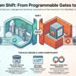 An infographic titled "The Chromium Shift: From Programmable Gates to Permit Lists." The image is split into two main sections: Left (Manifest V2): Labeled "Programmable Gates & Real-Time Logic." It depicts an open gate with a magnifying glass successfully inspecting "POST Body Data." It highlights "Imperative Interception" using real-time JavaScript for flexible security. Performance metrics show higher CPU and energy usage (uBlock Origin MV2). Right (Manifest V3): Labeled "Permit Lists & Declarative Restrictions." It depicts a solid wall with a small locked window and a magnifying glass blocked by a red "X," indicating "Blindness to the Payload." It notes "Declarative Interception" requires static JSON rules. Performance metrics show significantly lower CPU and energy usage (uBlock Origin Lite V3) at the expense of privacy capabilities. The bottom section, "The Rule Ceiling & Hard Constraints," lists technical limitations of MV3, including a 30,000 dynamic rule cap, RE2 regex restrictions (breaking lookaheads), and a mandatory "Double-Rule" workaround for developers.