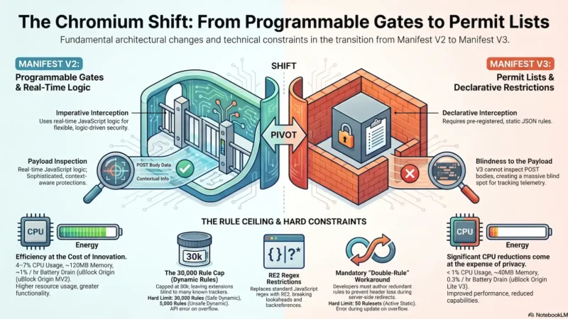 An infographic titled "The Chromium Shift: From Programmable Gates to Permit Lists." The image is split into two main sections: Left (Manifest V2): Labeled "Programmable Gates & Real-Time Logic." It depicts an open gate with a magnifying glass successfully inspecting "POST Body Data." It highlights "Imperative Interception" using real-time JavaScript for flexible security. Performance metrics show higher CPU and energy usage (uBlock Origin MV2). Right (Manifest V3): Labeled "Permit Lists & Declarative Restrictions." It depicts a solid wall with a small locked window and a magnifying glass blocked by a red "X," indicating "Blindness to the Payload." It notes "Declarative Interception" requires static JSON rules. Performance metrics show significantly lower CPU and energy usage (uBlock Origin Lite V3) at the expense of privacy capabilities. The bottom section, "The Rule Ceiling & Hard Constraints," lists technical limitations of MV3, including a 30,000 dynamic rule cap, RE2 regex restrictions (breaking lookaheads), and a mandatory "Double-Rule" workaround for developers.