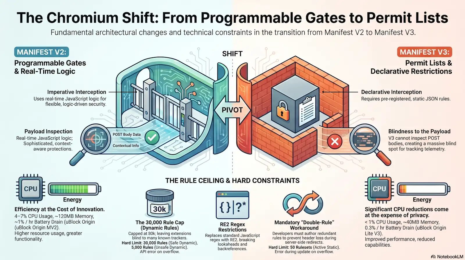 An infographic titled "The Chromium Shift: From Programmable Gates to Permit Lists." The image is split into two main sections: Left (Manifest V2): Labeled "Programmable Gates & Real-Time Logic." It depicts an open gate with a magnifying glass successfully inspecting "POST Body Data." It highlights "Imperative Interception" using real-time JavaScript for flexible security. Performance metrics show higher CPU and energy usage (uBlock Origin MV2). Right (Manifest V3): Labeled "Permit Lists & Declarative Restrictions." It depicts a solid wall with a small locked window and a magnifying glass blocked by a red "X," indicating "Blindness to the Payload." It notes "Declarative Interception" requires static JSON rules. Performance metrics show significantly lower CPU and energy usage (uBlock Origin Lite V3) at the expense of privacy capabilities. The bottom section, "The Rule Ceiling & Hard Constraints," lists technical limitations of MV3, including a 30,000 dynamic rule cap, RE2 regex restrictions (breaking lookaheads), and a mandatory "Double-Rule" workaround for developers.