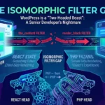 A technical infographic titled "The Isomorphic Filter Gap" illustrating WordPress as a "Two-Headed Beast." On the left, a "React Head" represents the Gutenberg editor's client-side rendering; on the right, a "PHP Head" represents server-side frontend rendering. A broken arrow between the two indicates where visual parity fails because PHP filters like render_block do not execute within the React-driven editor view.