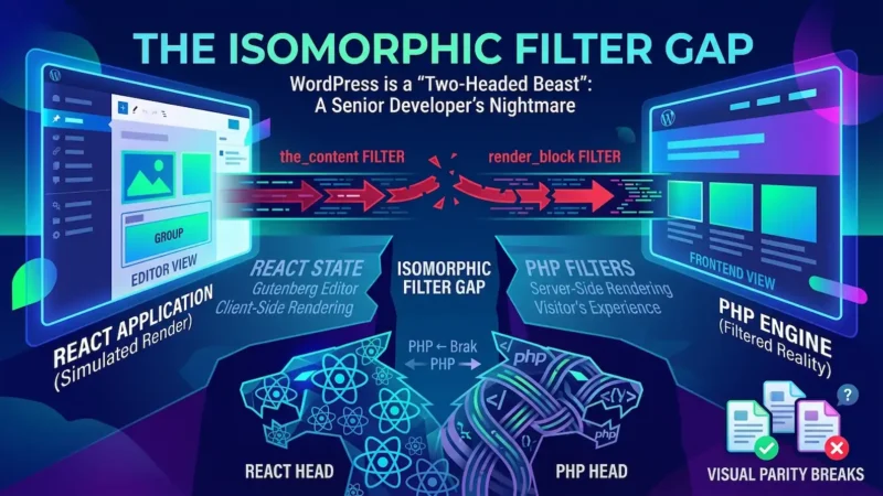 A technical infographic titled "The Isomorphic Filter Gap" illustrating WordPress as a "Two-Headed Beast." On the left, a "React Head" represents the Gutenberg editor's client-side rendering; on the right, a "PHP Head" represents server-side frontend rendering. A broken arrow between the two indicates where visual parity fails because PHP filters like render_block do not execute within the React-driven editor view.