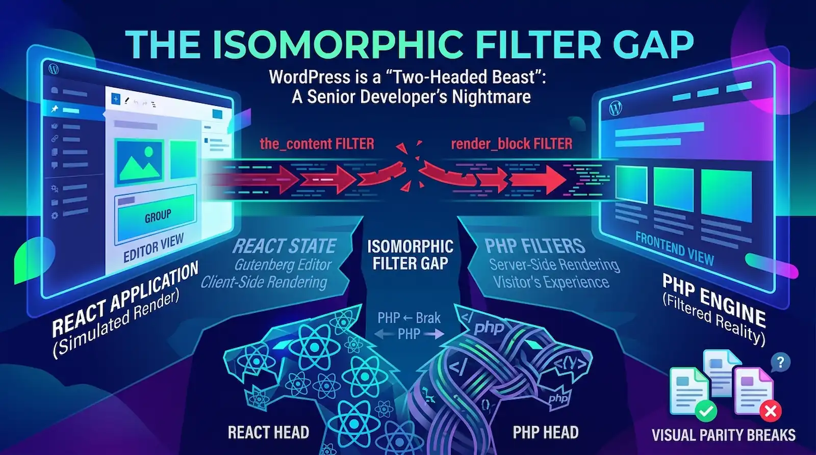 A technical infographic titled "The Isomorphic Filter Gap" illustrating WordPress as a "Two-Headed Beast." On the left, a "React Head" represents the Gutenberg editor's client-side rendering; on the right, a "PHP Head" represents server-side frontend rendering. A broken arrow between the two indicates where visual parity fails because PHP filters like render_block do not execute within the React-driven editor view.