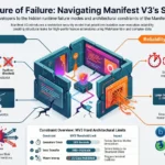 A detailed technical infographic titled "The Architecture of Failure: Navigating Manifest V3’s Security Leaks." The graphic illustrates broken execution paths (like the Emscripten Trap and Shadow CSP) and performance barriers (such as the 300-second service worker termination and 1MB structured clone latency ceiling). A central table summarizes hard architectural limits including execution timers and Wasm interop prohibitions.