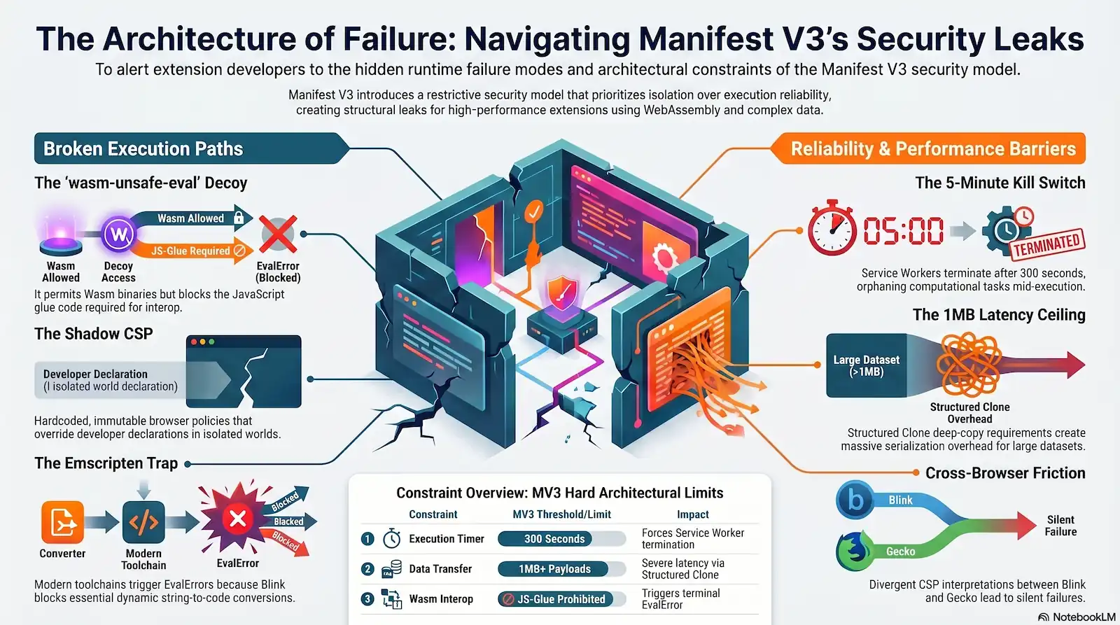 A detailed technical infographic titled "The Architecture of Failure: Navigating Manifest V3’s Security Leaks." The graphic illustrates broken execution paths (like the Emscripten Trap and Shadow CSP) and performance barriers (such as the 300-second service worker termination and 1MB structured clone latency ceiling). A central table summarizes hard architectural limits including execution timers and Wasm interop prohibitions.