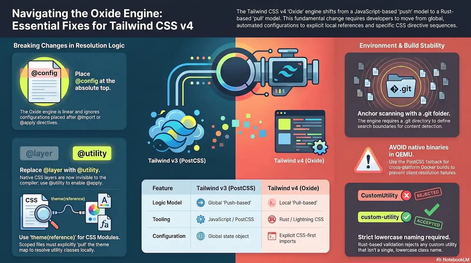 A technical guide titled "Navigating the Oxide Engine: Essential Fixes for Tailwind CSS v4." The image compares Tailwind v3 (PostCSS, JavaScript-based) with Tailwind v4 (Oxide, Rust-based). It highlights key migration requirements: placing @config at the absolute top of CSS files, replacing @layer with @utility, and using theme(reference) for CSS modules. It also notes environmental requirements like a .git folder for anchor scanning and a warning to avoid native binaries in QEMU. A comparison table summarizes the shift from a global "push-based" model to a local "pull-based" model.