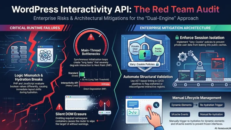 Infographic titled "WordPress Interactivity API: The Red Team Audit," illustrating runtime risks such as hydration breaks and main-thread bottlenecks, alongside architectural solutions like session isolation and AST-based linting.