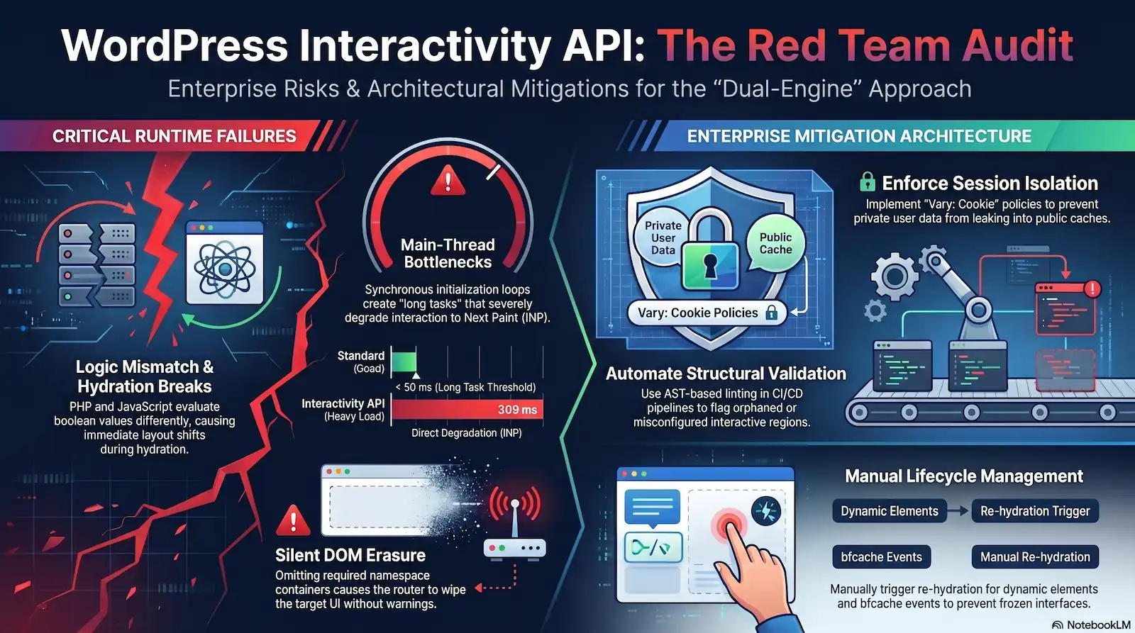 Infographic titled "WordPress Interactivity API: The Red Team Audit," illustrating runtime risks such as hydration breaks and main-thread bottlenecks, alongside architectural solutions like session isolation and AST-based linting.