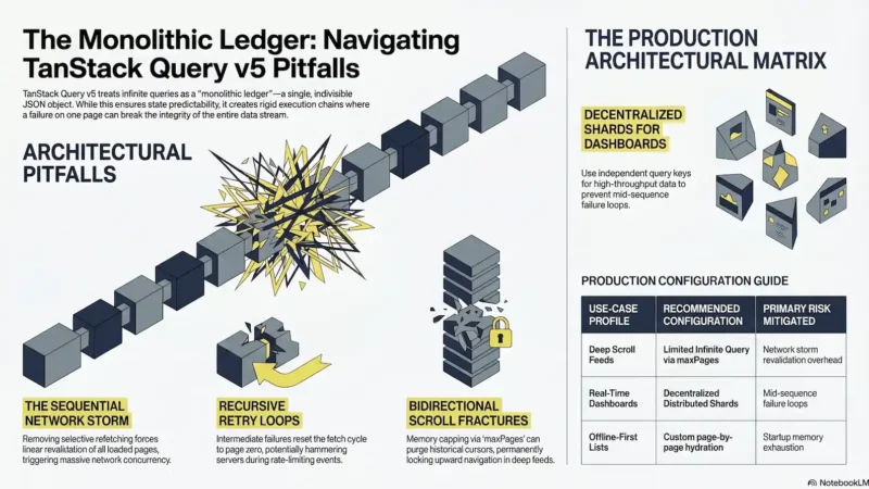 An infographic titled "The Monolithic Ledger: Navigating TanStack Query v5 Pitfalls," illustrating architectural risks such as sequential network storms, recursive retry loops, and bidirectional scroll fractures, alongside a Production Architectural Matrix table recommending configurations for different use cases.