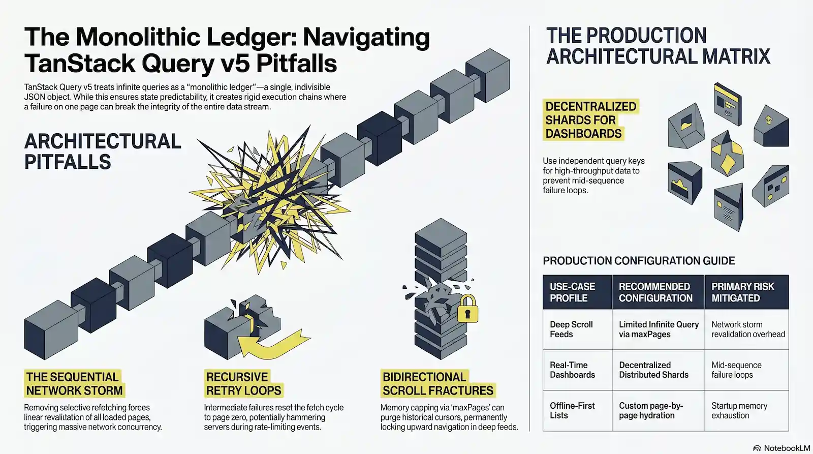 An infographic titled "The Monolithic Ledger: Navigating TanStack Query v5 Pitfalls," illustrating architectural risks such as sequential network storms, recursive retry loops, and bidirectional scroll fractures, alongside a Production Architectural Matrix table recommending configurations for different use cases.