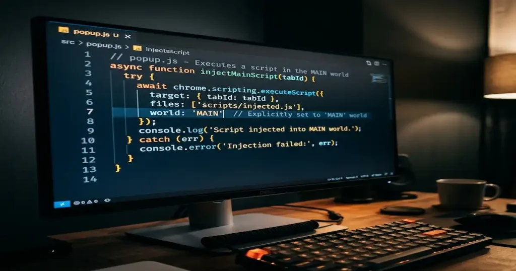 Computer monitor displaying JavaScript code using the chrome.scripting.executeScript function with the world property explicitly set to MAIN.